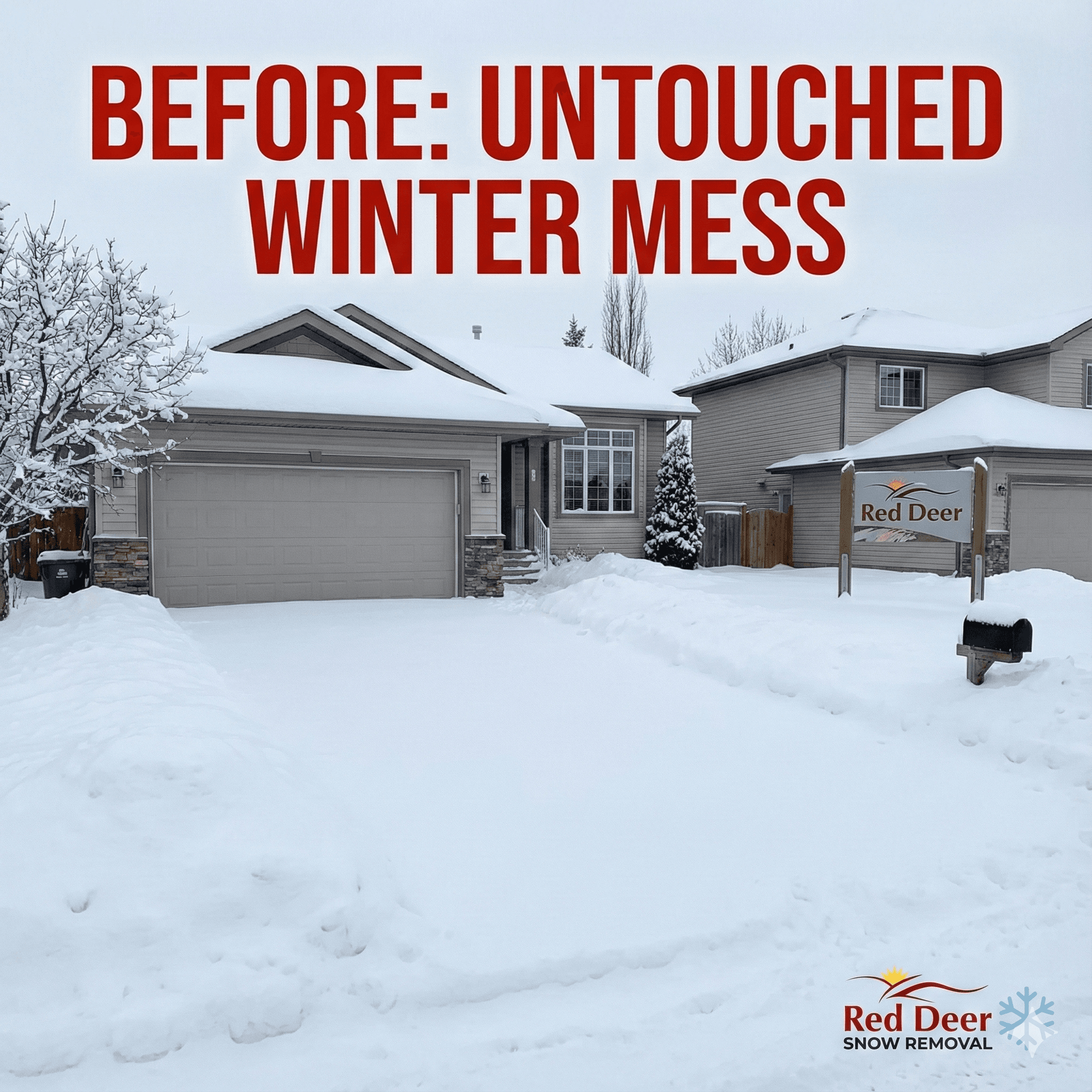 Before snow removal - snow-covered driveway in Red Deer requiring professional snow clearing service